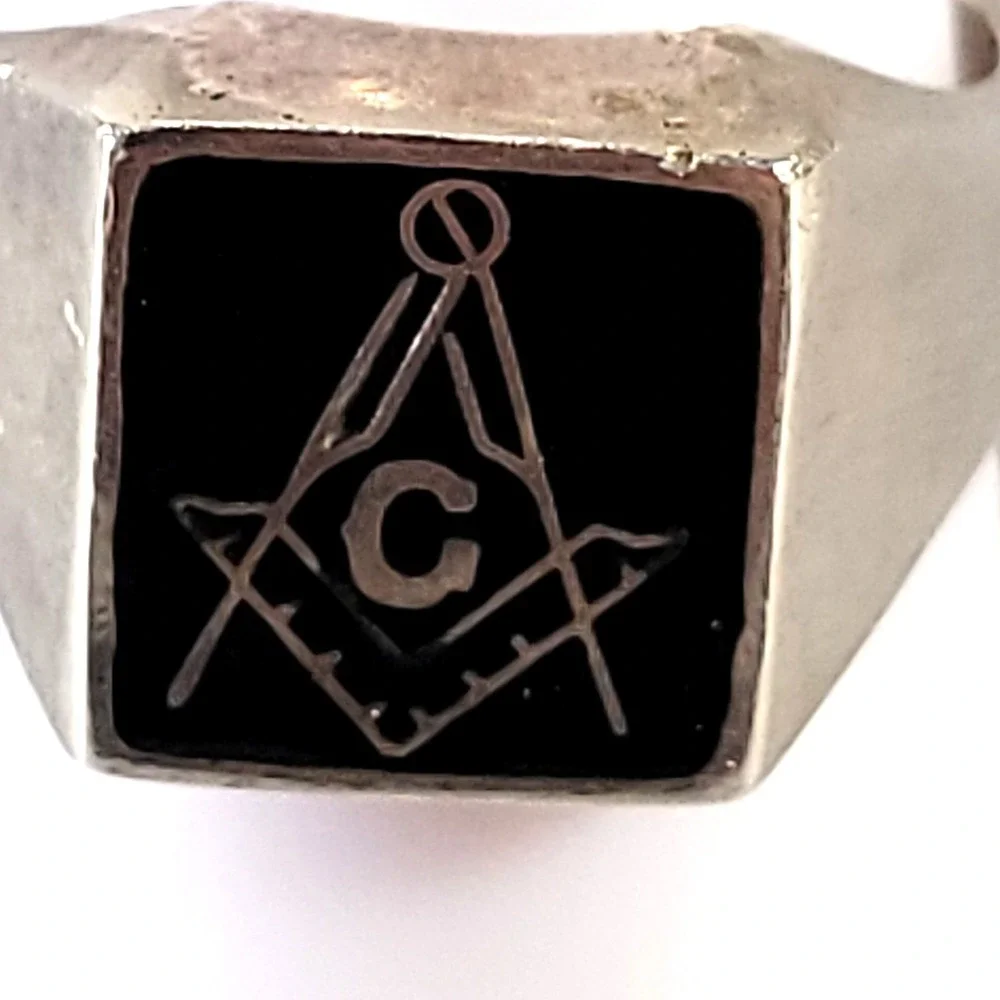 Vintage 925 Sterling Silver Masonic Signet‎ Ring Black Enamel Square Mens 11.5